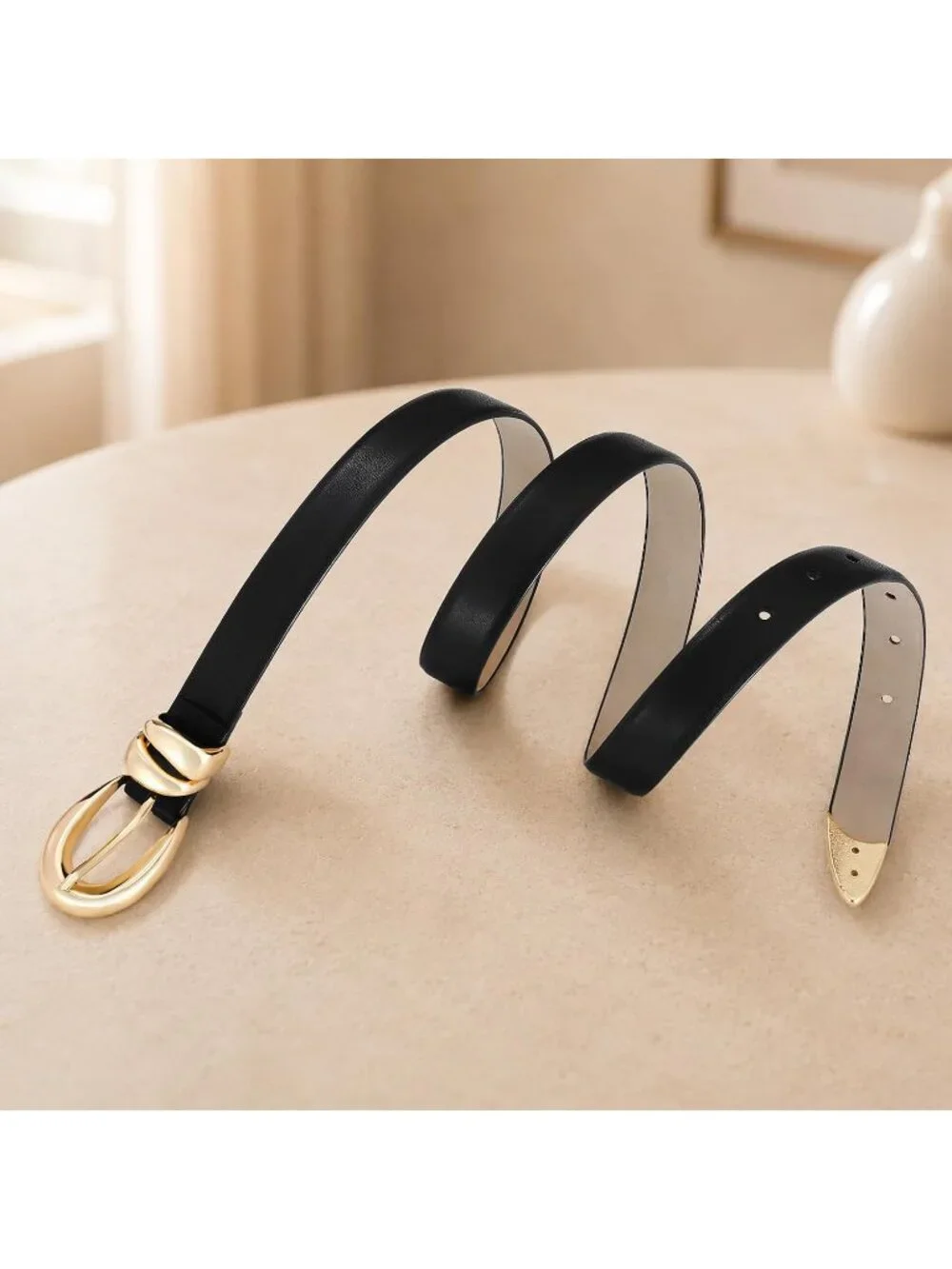 Women's Black Leather Adjustable Waist Belt For Jeans Dresses With Gold Buckle